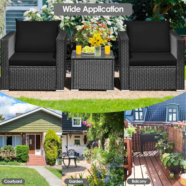 3 Pieces Patio Wicker Conversation Set with Cushion-Black - Black - Patio Conversation Sets