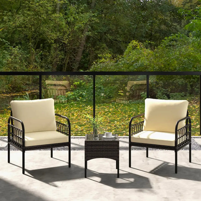 3 Pieces Patio Wicker Conversation Set with Cushions and Tempered Glass Coffee Table-Beige - Beige - Patio Conversation