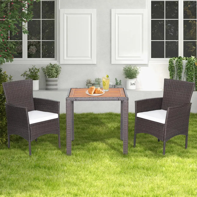 3 Pieces Patio Wicker Furniture Set wih Acacia Wood Table Top and Chair Cushiones - Off White - Patio Conversation Sets