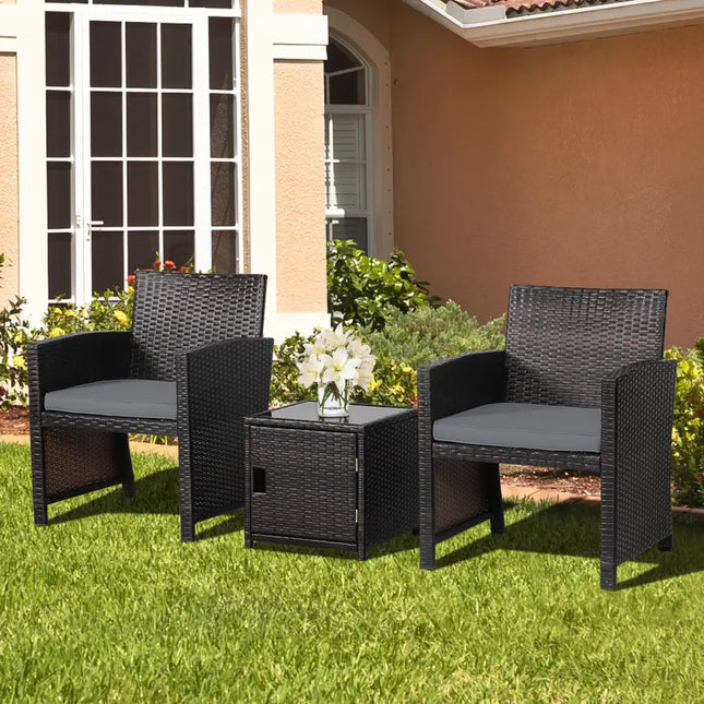 3 Pieces Patio Wicker Furniture Set with Storage Table and Protective Cover-Gray - Gray - Patio Conversation Sets