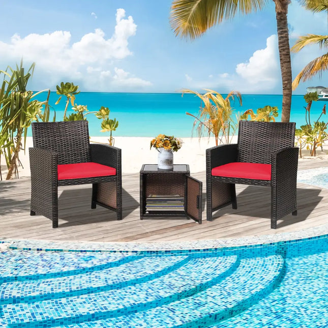 3 Pieces Patio Wicker Furniture Set with Storage Table and Protective Cover-Red - Red - Patio Conversation Sets