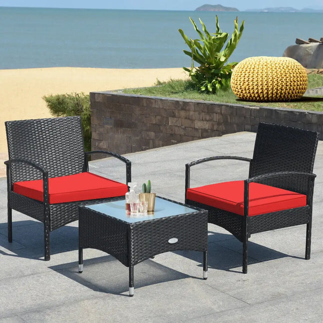 3 Pieces Patio Wicker Rattan Furniture Set with Cushion for Lawn Backyard-Red - Red - Patio Conversation Sets