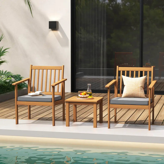 3 Pieces Patio Wood Furniture Set with soft Cushions for Porch-Gray - Gray - Patio Conversation Sets