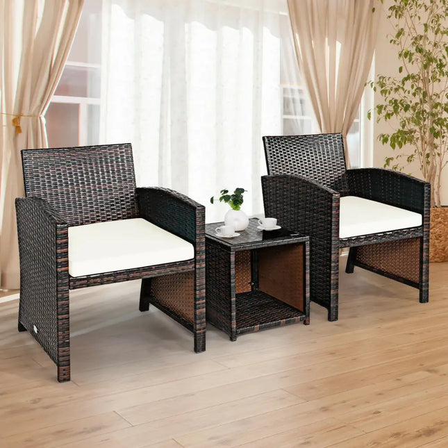 3 Pieces PE Rattan Wicker Furniture Set with Cushion Sofa Coffee Table for Garden-White - White - Patio Conversation
