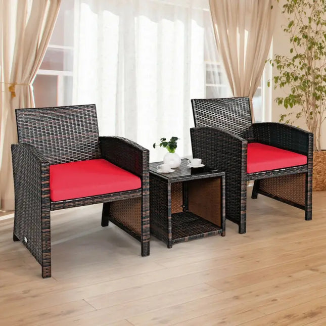 3 Pieces PE Rattan Wicker Furniture Set with Cushion Sofa Coffee Table for Garden-Red - Red - Patio Conversation Sets
