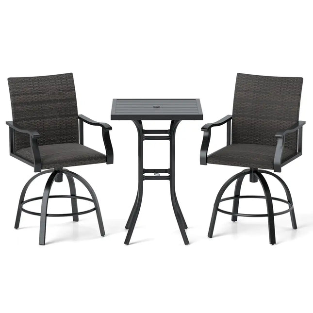 3 Pieces PE Wicker Patio Swivel Bar Set with Quick-Drying Foam-Black - Black - Patio Bar Furniture