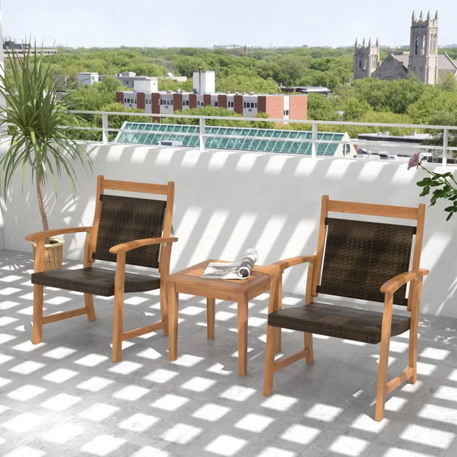 3 Pieces Rattan Bistro Set with Acacia Wood Frame for Garden - Brown - Patio Conversation Sets