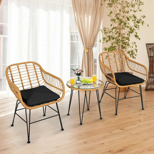 3 Pieces Rattan Furniture Set with Cushioned Chair Table-Black - Black - Patio Conversation Sets