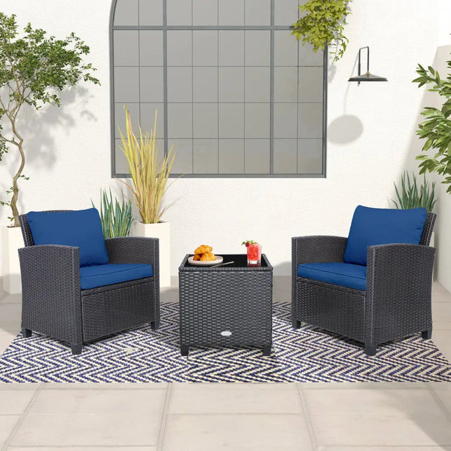 3 Pieces Rattan Patio Furniture Set with Washable Cushion-Dark Blue - Dark Blue - Patio Conversation Sets