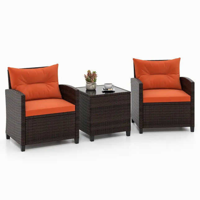 3 Pieces Rattan Patio Furniture Set with Washable Cushion-Orange - Orange - Patio Conversation Sets