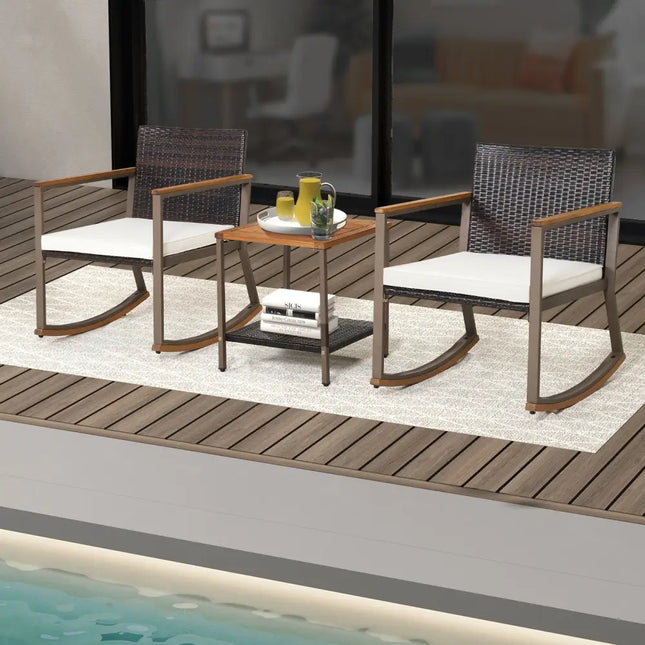 3 Pieces Rattan Rocking Bistro Set with Coffee Table and Cushions-Off White - Off White - Patio Conversation Sets