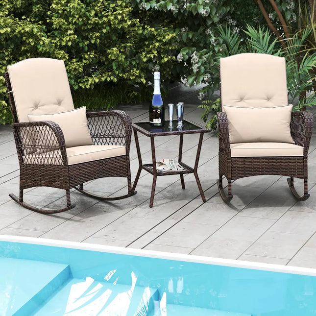 3 Pieces Rocking Bistro Set with 2-Tier Coffee Table-Brown - Brown - Patio Conversation Sets