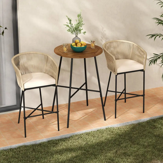3 Pieces Rope Woven Patio Bar Set with Soft Cushions and Acacia Wood Tabletop-Beige - Beige - Patio Bar Furniture