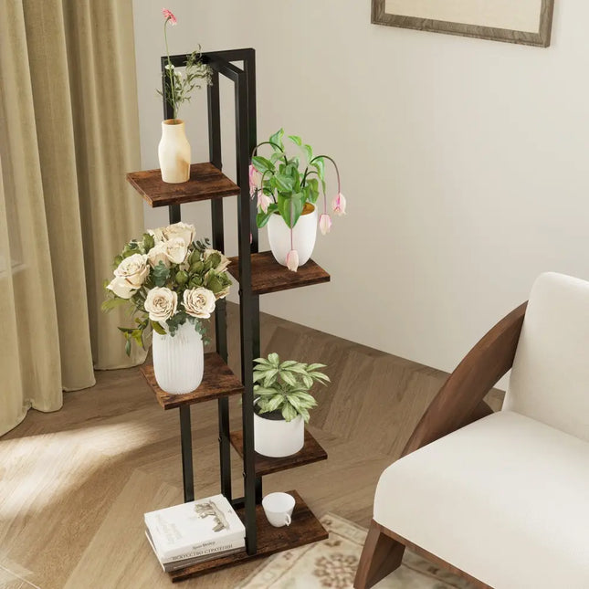 3 Pieces Tall Wood Plant Stand Set 4 + 5 + 6-Tier Indoor Flower Stands-Rustic Brown - Rustic Brown - Plant Stands
