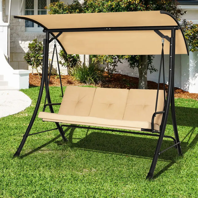 3-Seat Outdoor Porch Swing with Adjustable Canopy and Padded Cushions-Beige - Beige - Porch Swings