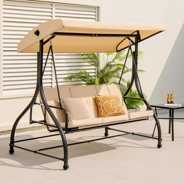 3 Seat Outdoor Porch Swing with Adjustable Canopy-Beige - Beige - Porch Swings