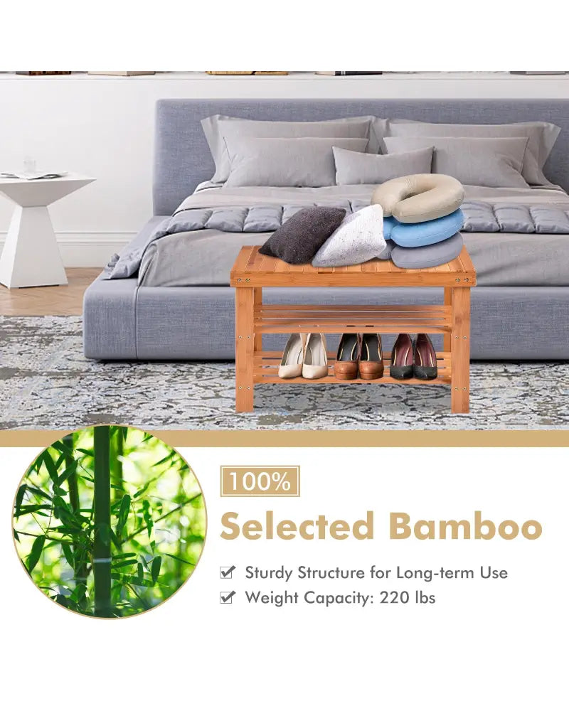 3 Tier Bamboo Bench Storage Shoe Shelf-Natural - Natural - Shoe Racks & Storage Benches