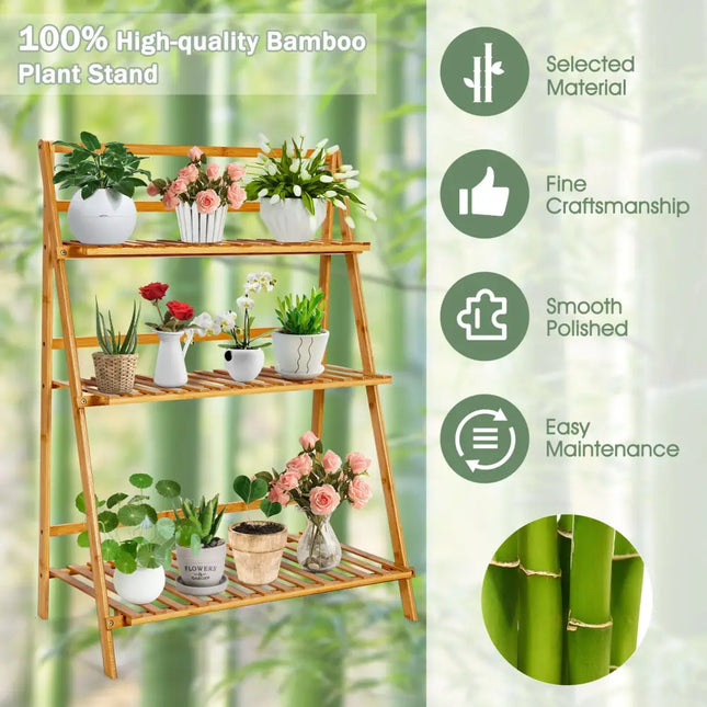 3-Tier Bamboo Foldable Plant Stand with Display Shelf Rack - Natural - Plant Stands