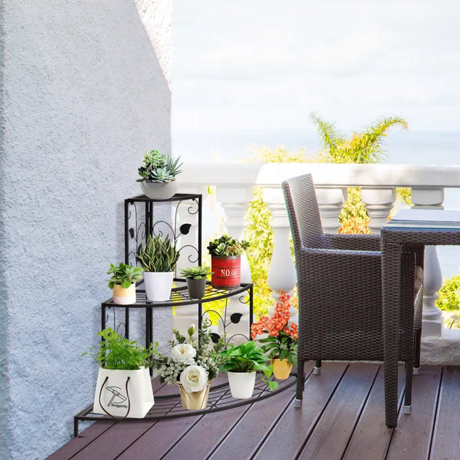 3 Tier Floral Corner Metal Plant Pot Rack - Black - Plant Stands