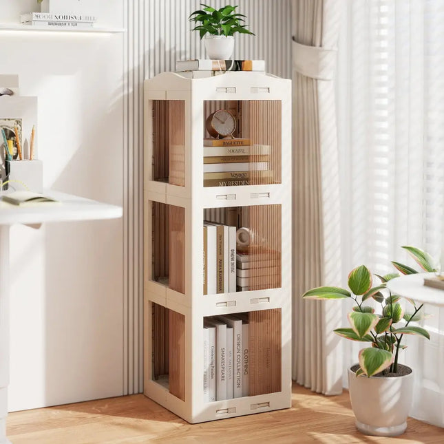 3-Tier Foldable Rotating Bookshelf with Swivel Base and Translucent Panels-White Costway