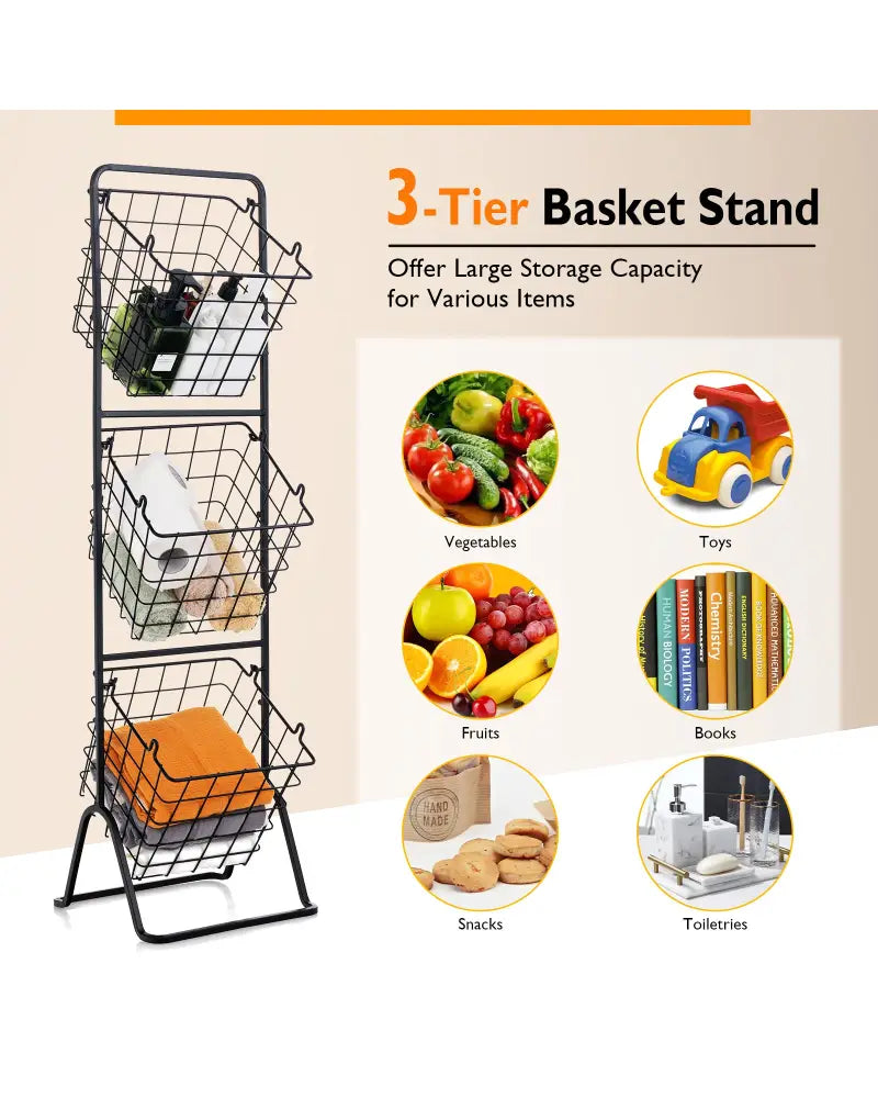 3-Tier Fruit Basket Stand with Adjustable Heights - Black - Kitchen Organization