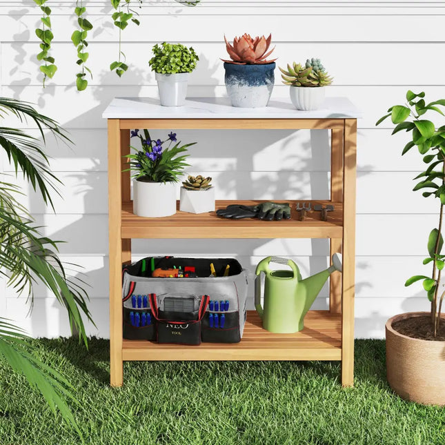 3-Tier Garden Potting Bench Table with Marble-Like Countertop - Natural - Potting Benches & Tables