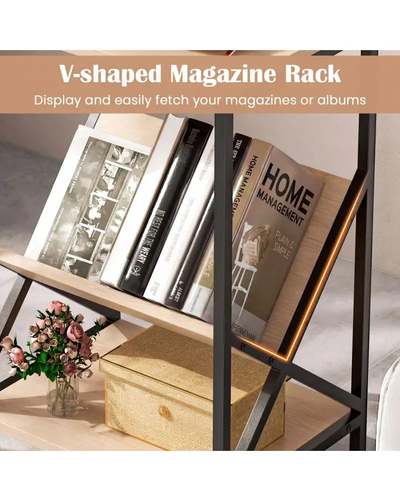 3-Tier Industrial Side Table with V-shaped Bookshelf for Living Room-Natural - Natural - End & Side Tables
