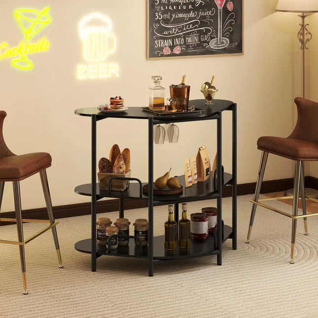 3-Tier Liquor Bar Table with Stemware Racks and Storage Shelves-Black Costway
