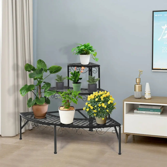 3 Tier Metal Corner Plant Display Rack - Black - Plant Stands