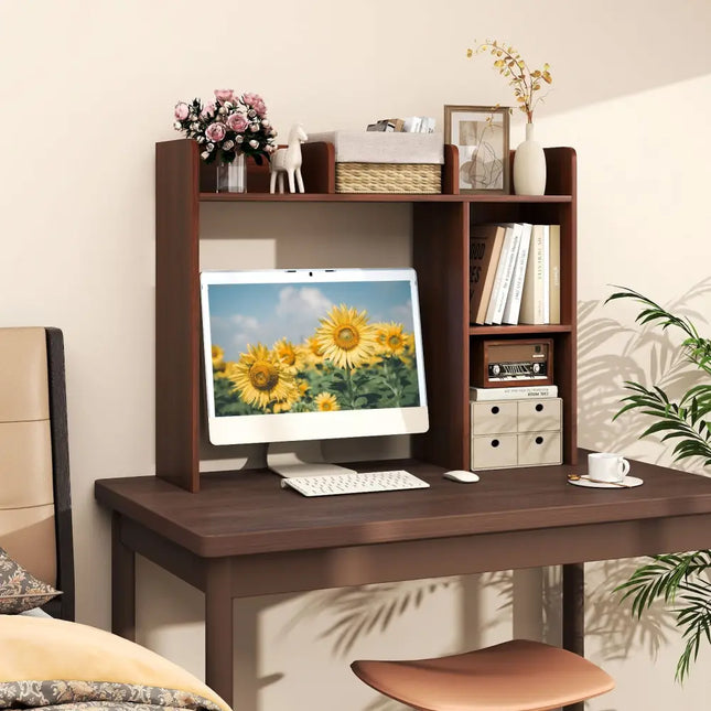 3-Tier Multipurpose Desk Bookshelf with 4 Shelves-Walnut Costway
