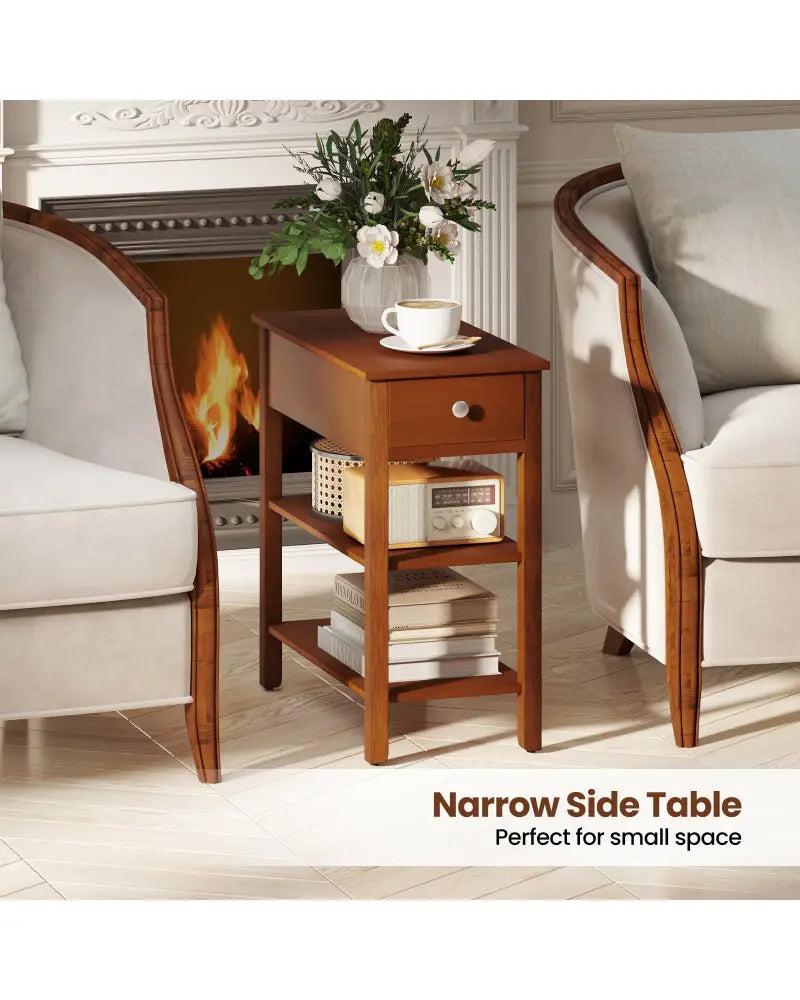 3-Tier Narrow End Table with Drawer and Storage Shelves-Brown - Brown - End & Side Tables