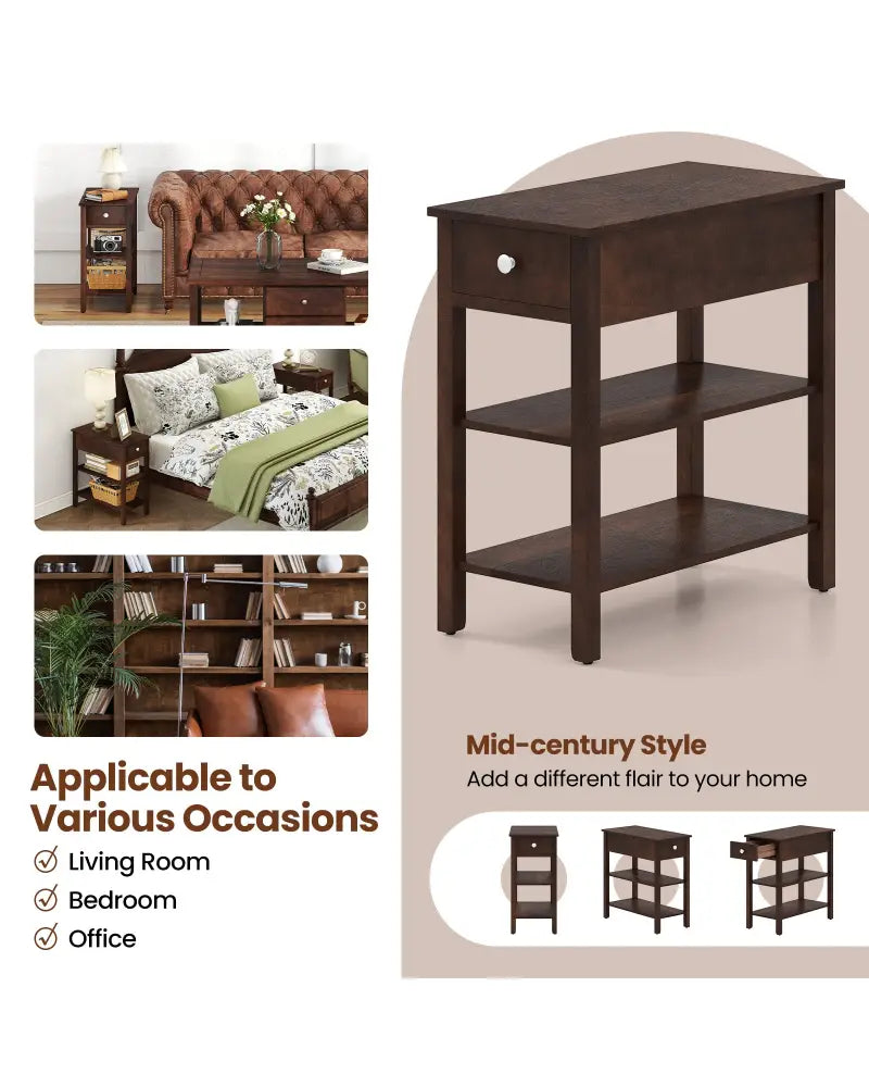 3-Tier Narrow End Table with Drawer and Storage Shelves-Walnut - Walnut - End & Side Tables