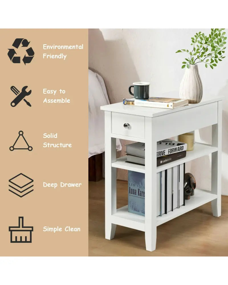 3-Tier Nightstand Bedside Table Sofa Side with Double Shelves Drawer-White - White - End & Side Tables