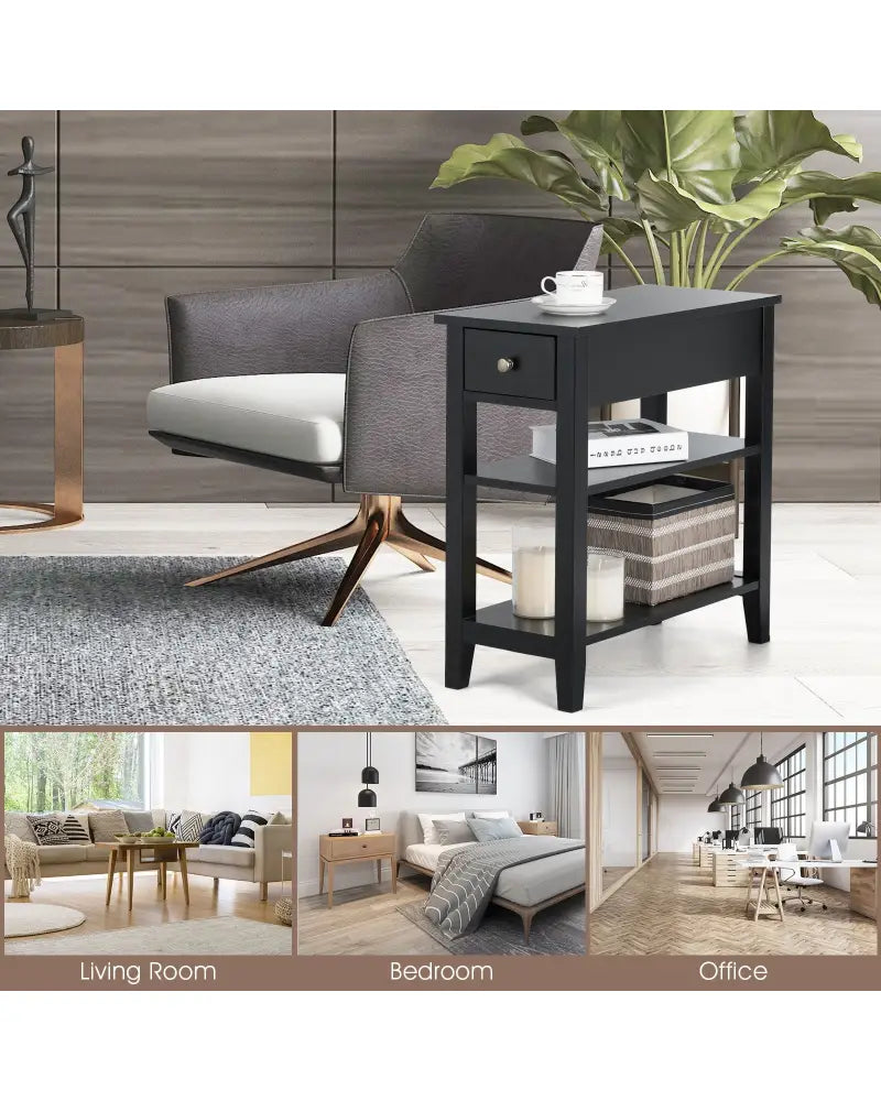 3-Tier Nightstand Bedside Table Sofa Side with Double Shelves Drawer-Black - Black - End & Side Tables