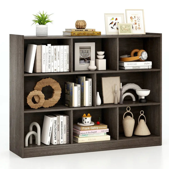3-Tier Open Bookcase 8-Cube Floor Standing Storage Shelves Display Cabinet-Gray Costway