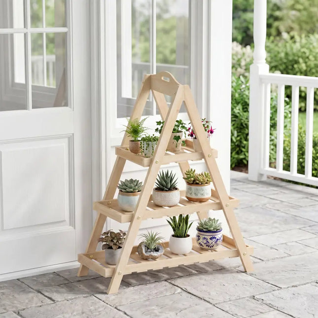 3-Tier Plant Stand Flower Pot Display Shelf-Natural - Natural - Plant Stands