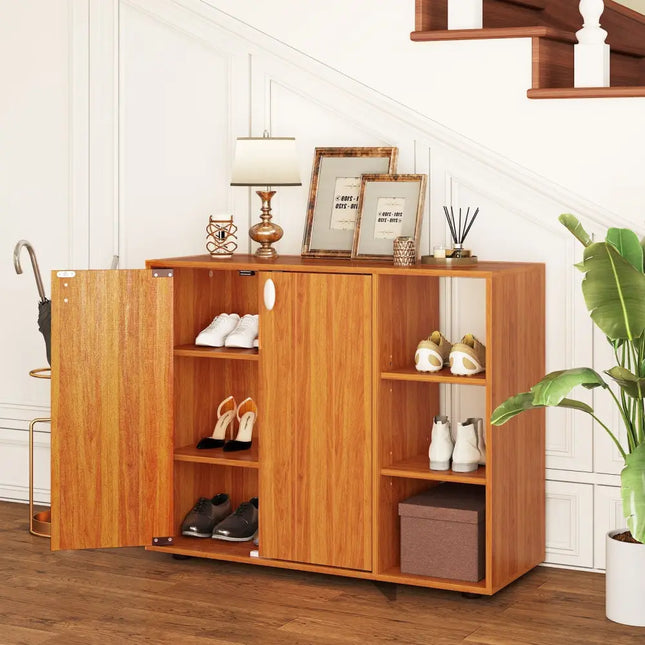 3-Tier Shoe Cabinet with Doors with Adjustable Open Shelves for Entryway-Natural - Natural - Shoe Racks & Storage