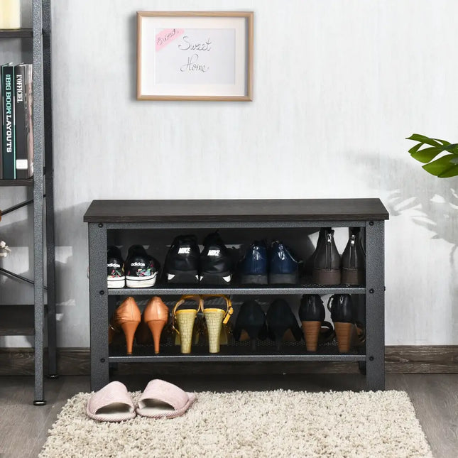 3-Tier Shoe Rack Industrial Shoe Bench with Storage Shelves-Black - Black - Shoe Racks & Storage Benches
