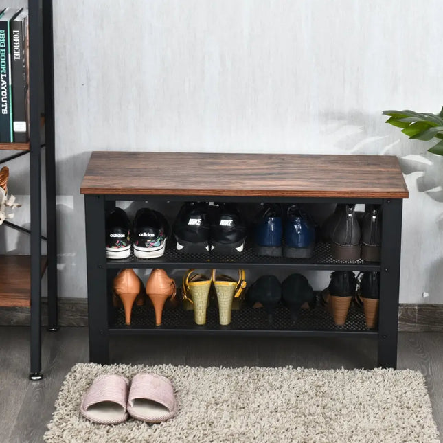 3-Tier Shoe Rack Industrial Shoe Bench with Storage Shelves-Brown - Brown - Shoe Racks & Storage Benches