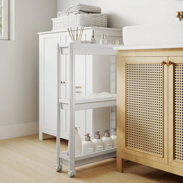3-Tier Slim Rolling Storage Cart 2-Pack Mobile Bathroom Organizer with Wheels-White Costway