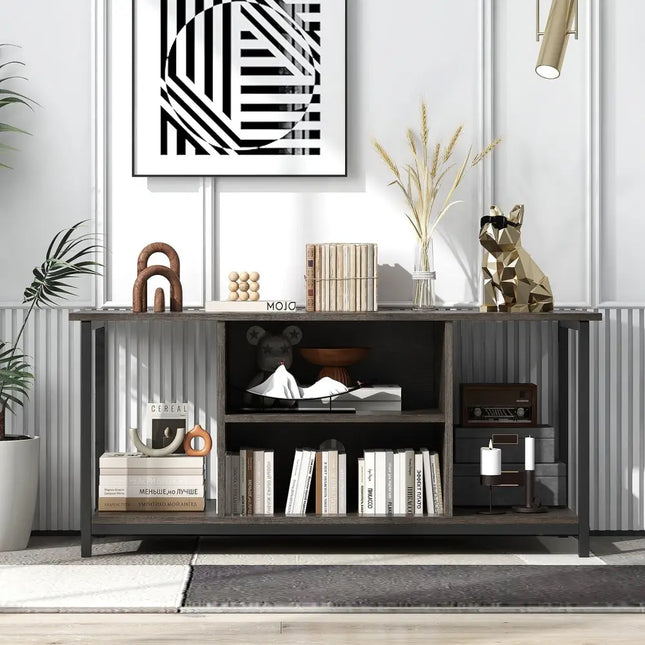3-Tier TV Stand with Power Outlet USB and Adjustable Shelf-Gray Costway