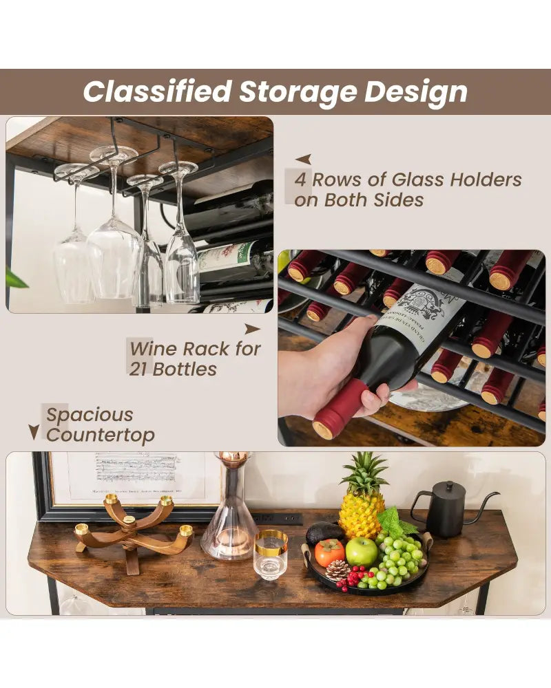 3-Tier Wine Bar Cabinet with Storage Shelves-Brown - Brown - Wine Racks