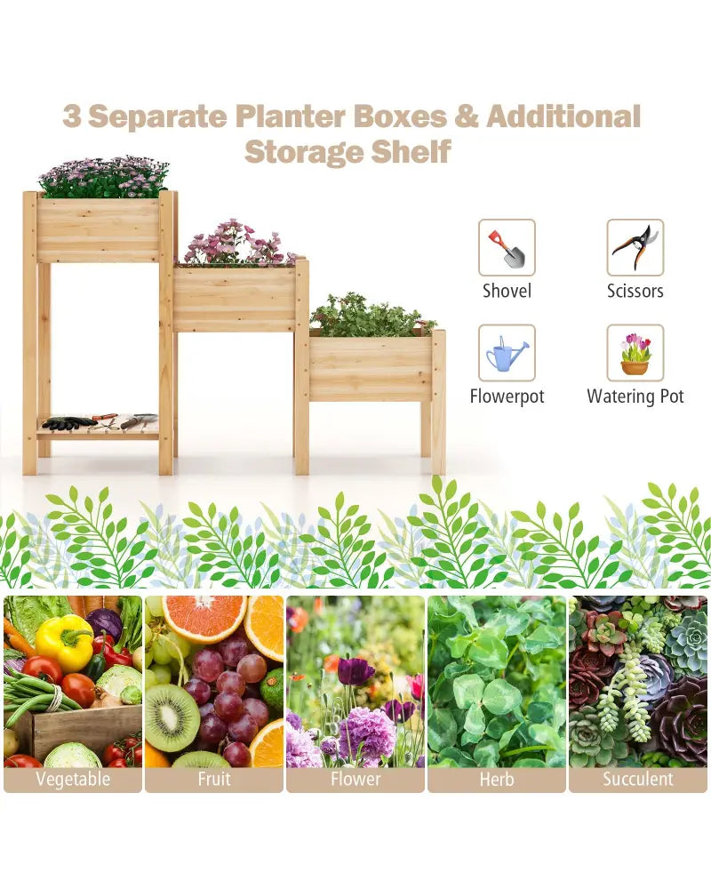 3-Tier Wooden Raised Garden Bed with Open Storage Shelf-Natural - Natural - Raised Garden Beds