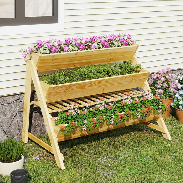 3 Tier Wooden Vertical Raised Garden Bed with Storage Shelf - Natural - Raised Garden Beds