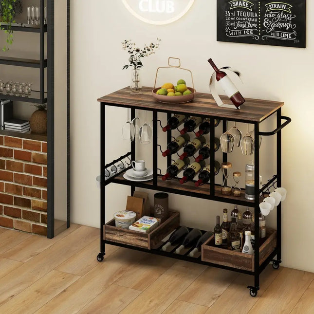 3 Tiers Bar Cart on Wheels with Glass Racks-Brown Costway