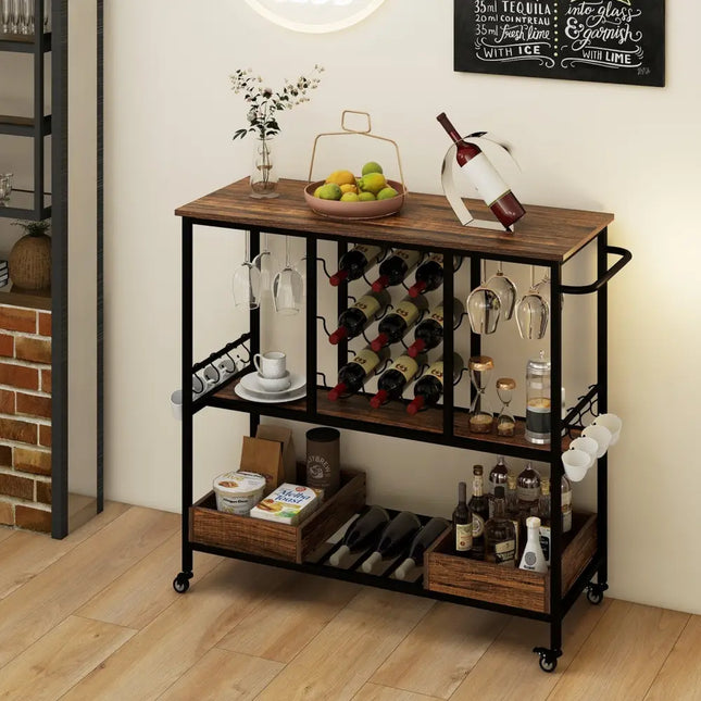 3 Tiers Bar Cart on Wheels with Glass Racks-Rustic Brown Costway