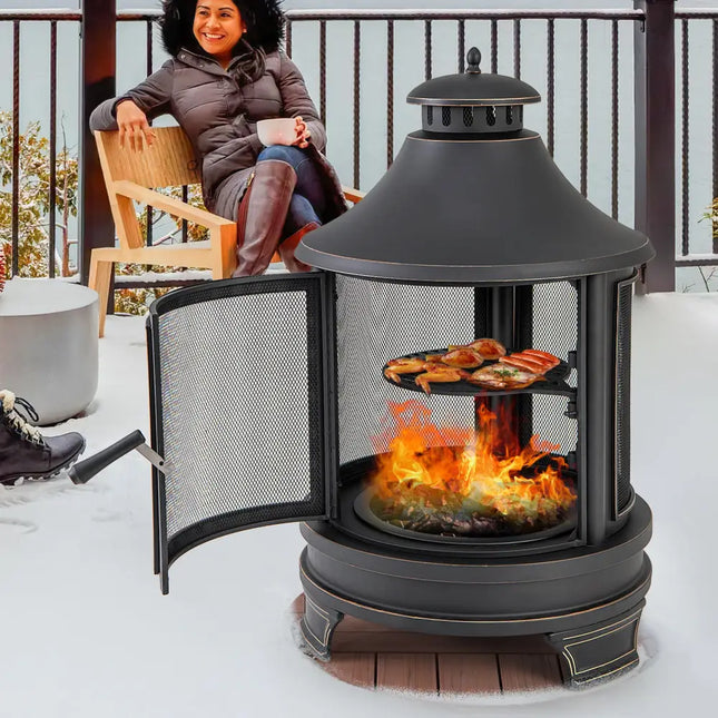 30 Inch Outdoor Fire Pit Chiminea with Grill for Garden BBQ - Black - Fire Pits