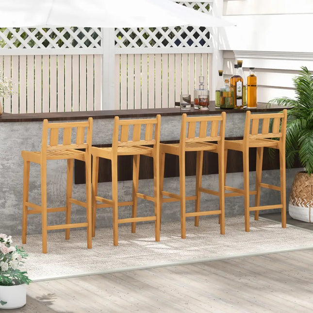 30 Inch Teak Wood Bar Chair with Footrest and Backrest for Deck Poolside Garden - Natural - Patio Bar Furniture