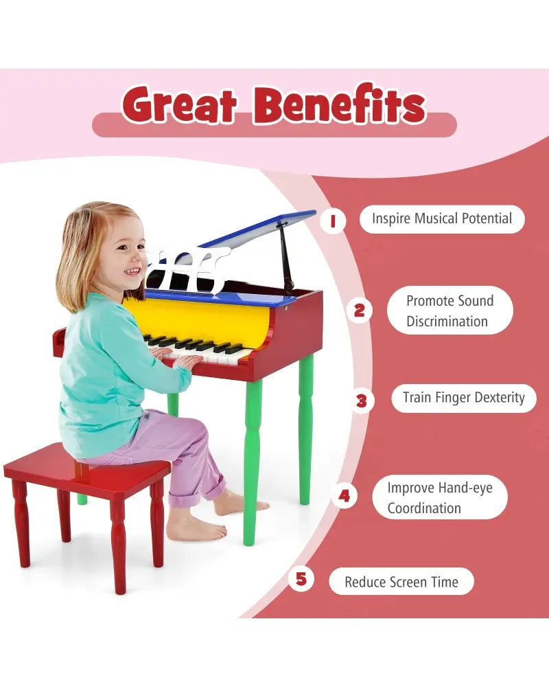 30-Key Wood Toy Kids Grand Piano with Bench and Music Rack-Multicolor - Multicolor - Pianos & Keyboards