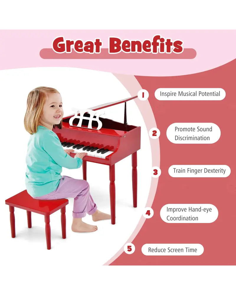 30-Key Wood Toy Kids Grand Piano with Bench and Music Rack-Red - Red - Pianos & Keyboards
